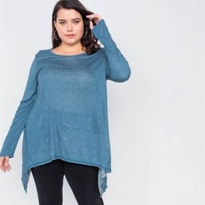 Plus Size Solid Shark Bite Raw Hem Long Sleeve Top